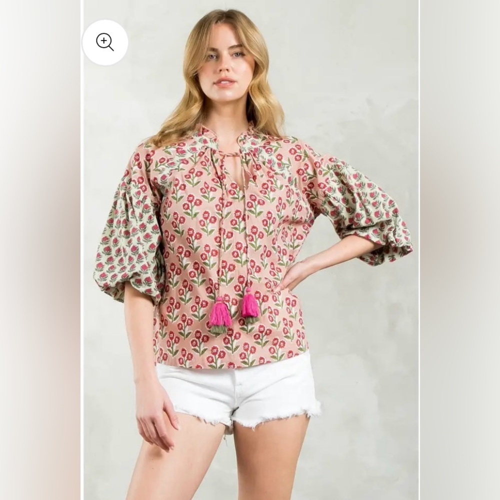 THML Pink Floral Tassel Peasant Blouse